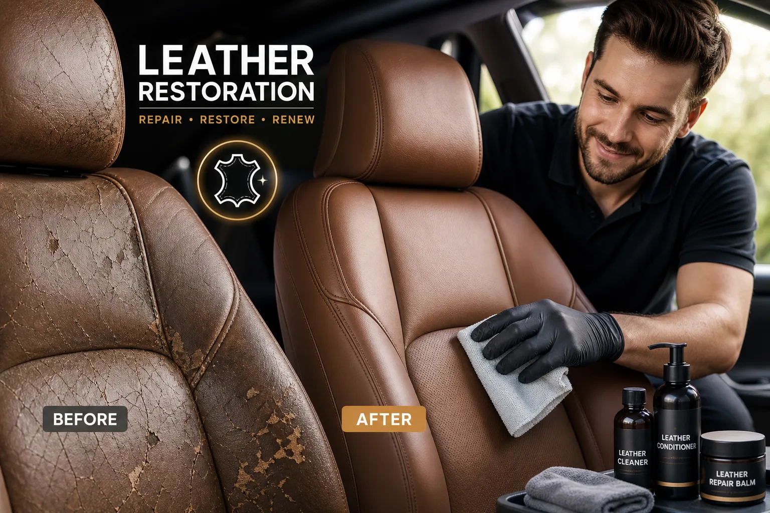 Car seat leather restoration process from worn surface to refinished seat