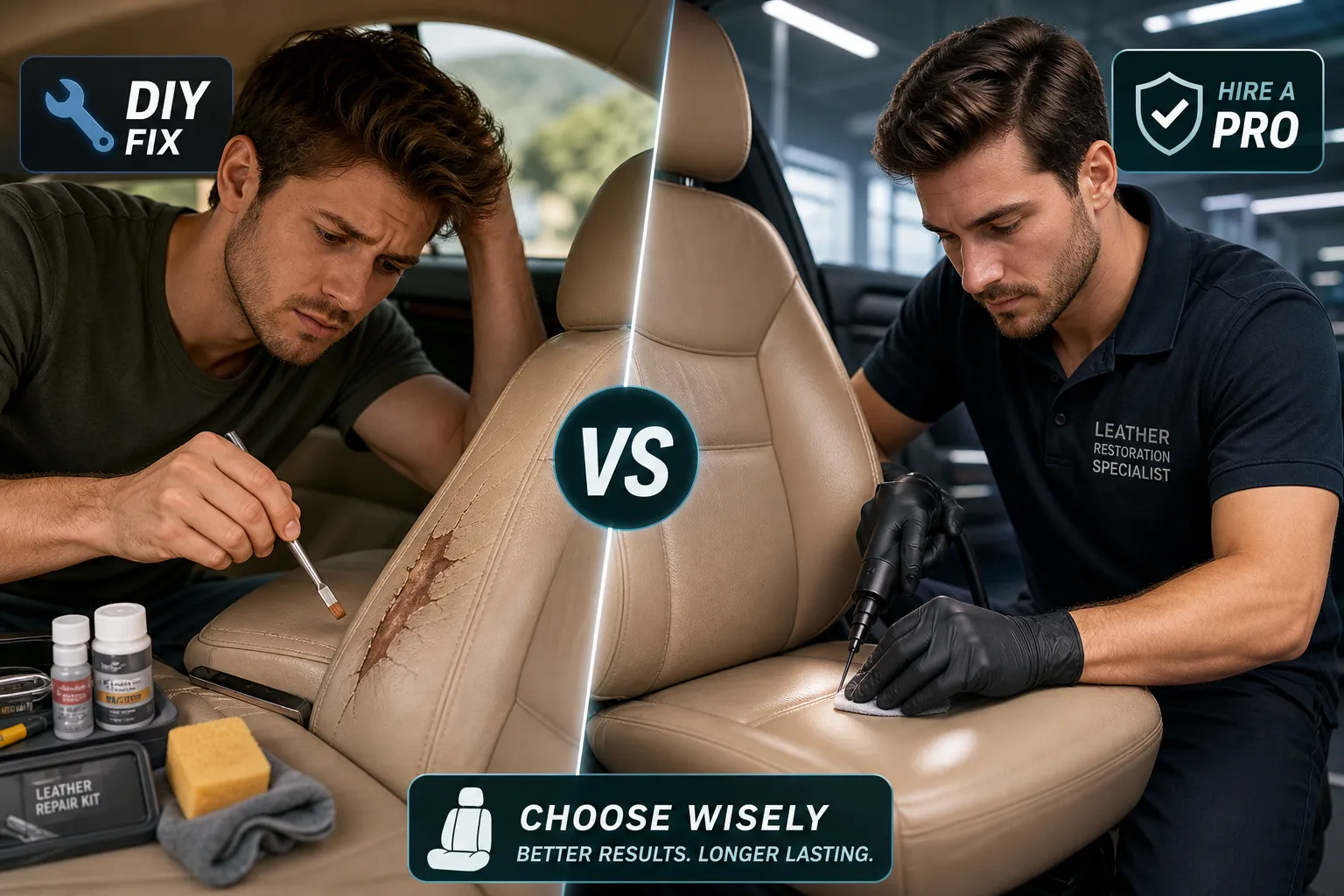 Comparison between a DIY car seat leather repair kit and professional repair work