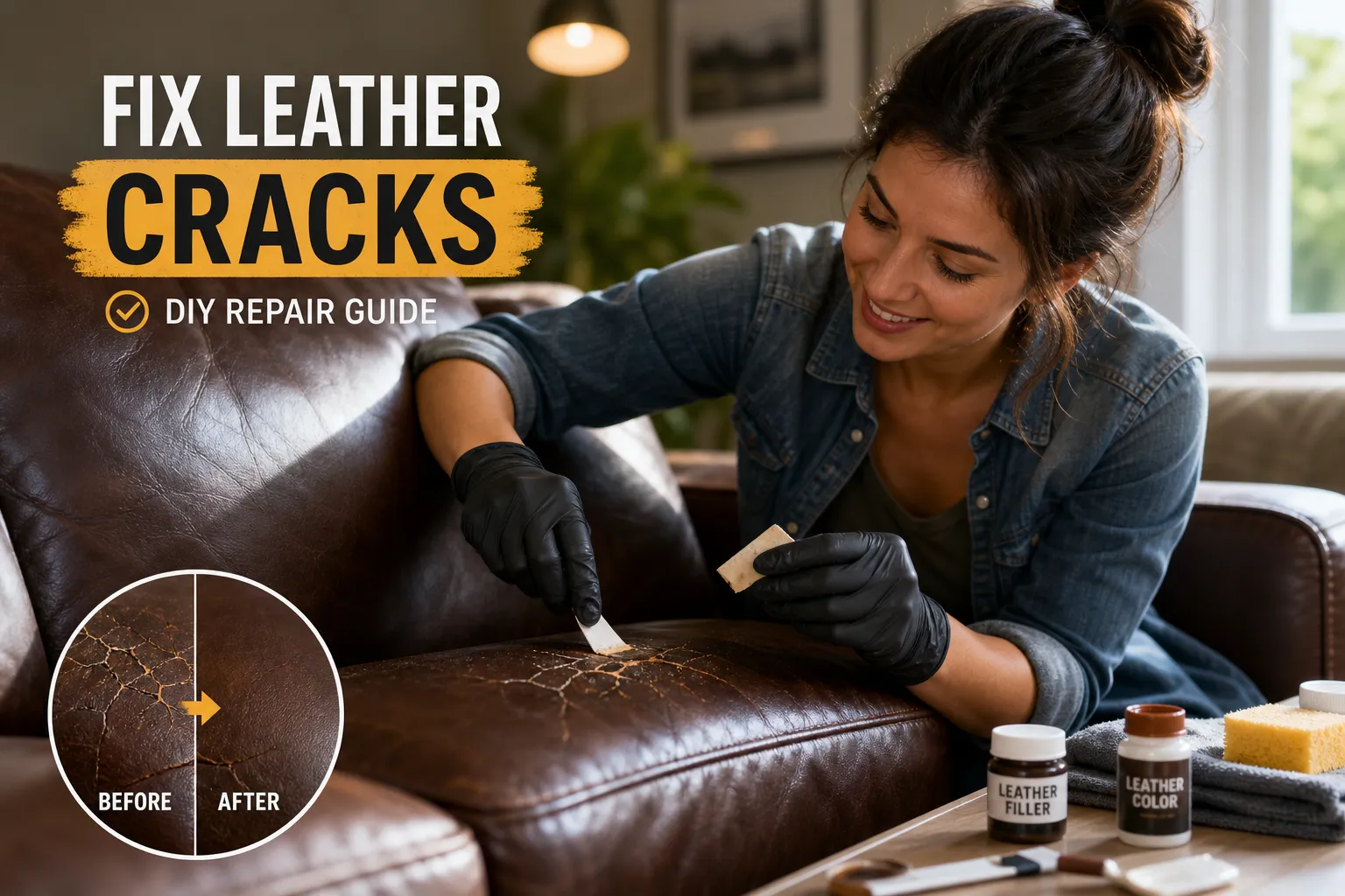 Close view of a cracked leather couch surface and repair tools